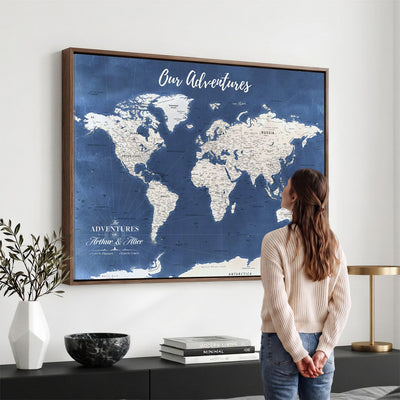 75405527-MGV-CV-36X24 - Extra Large Framed Personalize Push Pin World Map Wall Art Canvas Print for Travel Tracking - NEWMAP-113A