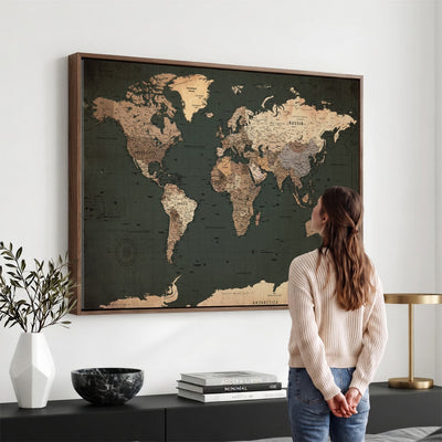42327656-MGV-CV-36X24 - Extra Large Framed Personalize Push Pin World Map Wall Art Canvas Print for Travel Tracking - NEWMAP-116