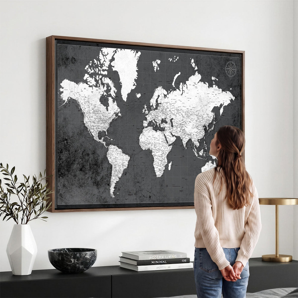 78574966-MGV-CV-36X24 - Extra Large Framed Personalize Push Pin World Map Wall Art Canvas Print for Travel Tracking - NEWMAP-128