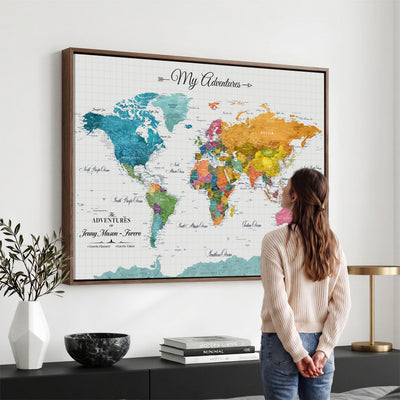 66743043-MGV-CV-36X24 - Extra Large Framed Personalize Push Pin World Map Wall Art Canvas Print for Travel Tracking - NEWMAP-131