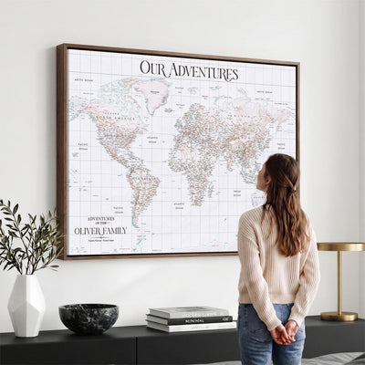 18074626D3DD-MGV-CV-36X24 - Extra Large Framed Personalized Push Pin World Map Wall Art Canvas Print for Travel Tracking