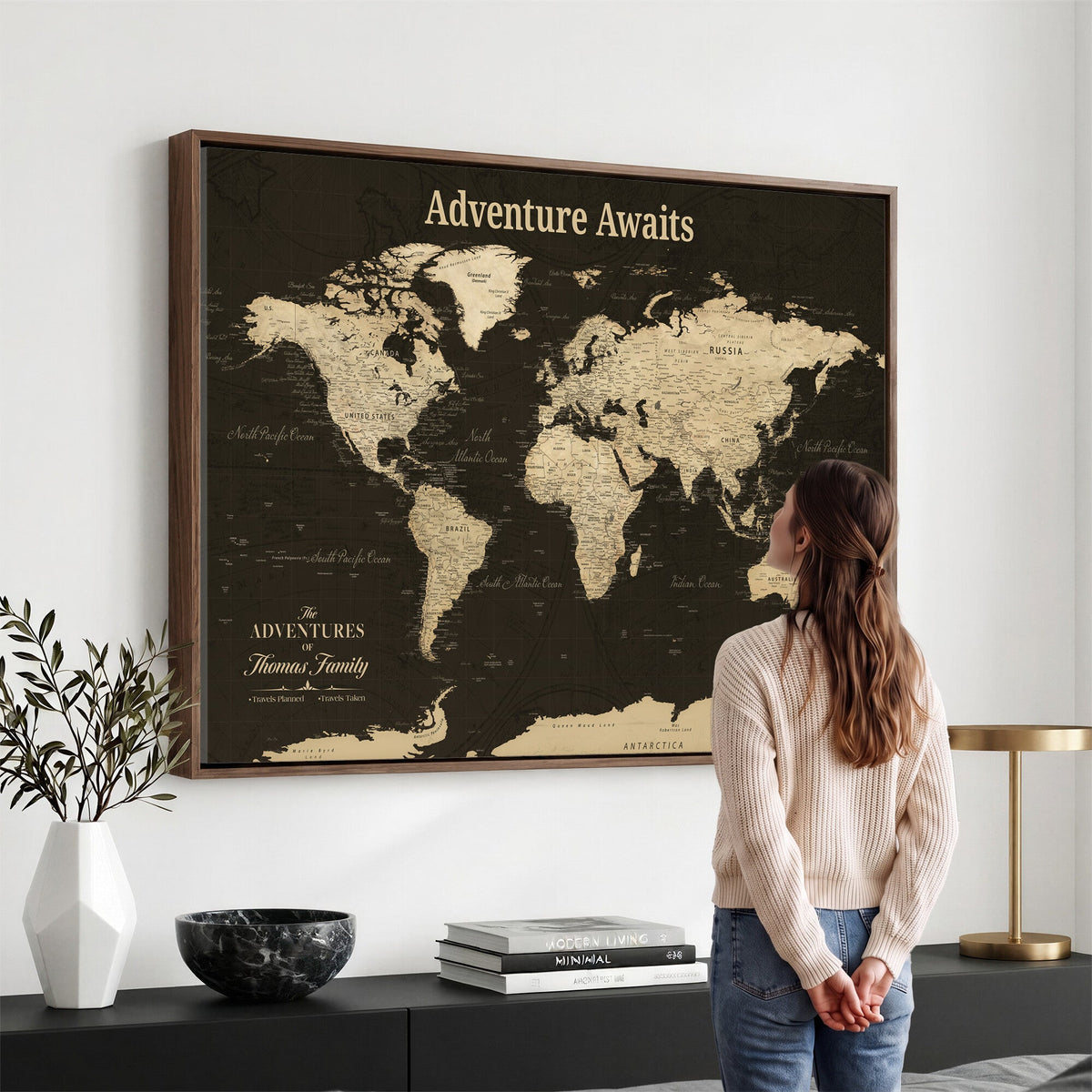 Custom Beige Modern World Travel Map Wall Art with Pins, Family Travel Tracker, Dining Room and Entryway Decor