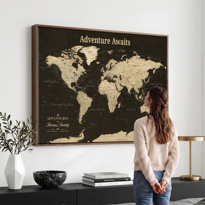 Custom Beige Modern World Travel Map Wall Art with Pins, Family Travel Tracker, Dining Room and Entryway Decor