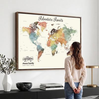 Personalized Framed Beige Modern Push Pin Travel Map Canvas Print, Family Travel Tracker, Bedroom and Home Office Decor
