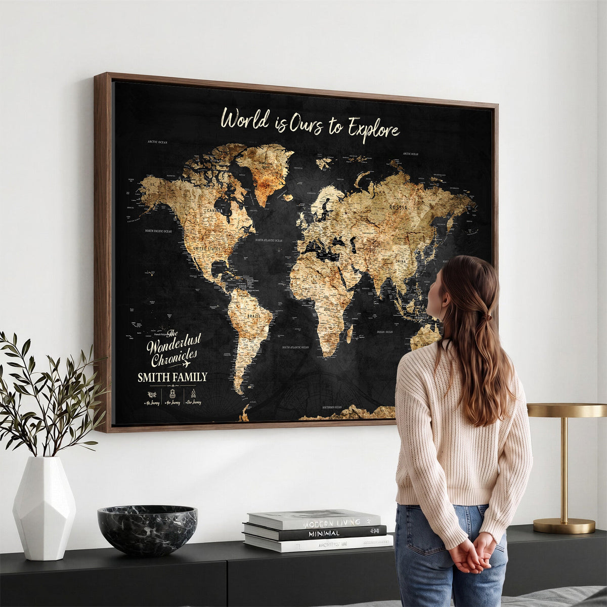 Personalized Beige Push Pin Travel Map Canvas Print, Family Travel Tracker, Bedroom and Entryway Decor