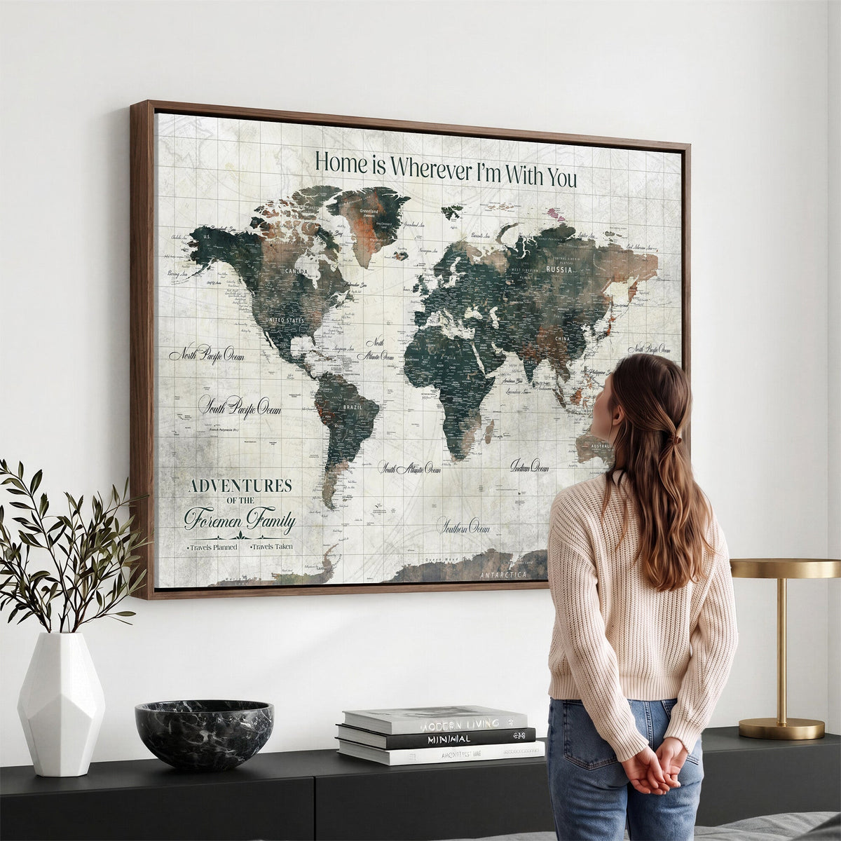 Personalized Framed Beige Push Pin Travel Map Canvas Print, Family Travel Tracker, Home Office and Hallway Decor