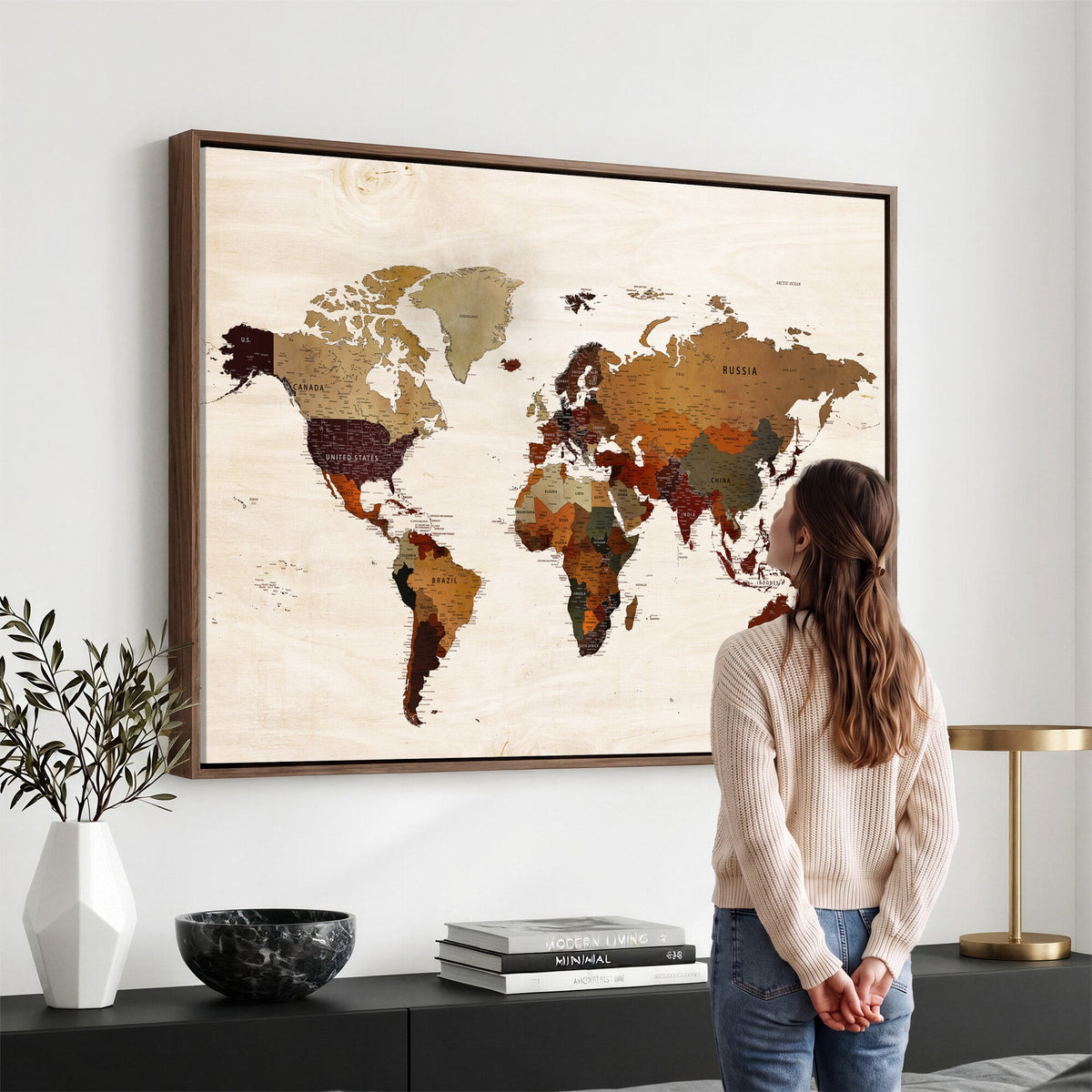 35728547D-MGV-CV-36X24 - Custom Push Pin World Map Wall Art Canvas Print – Personalized Travel Tracker with Pins Framed Large for Home and Office Decor