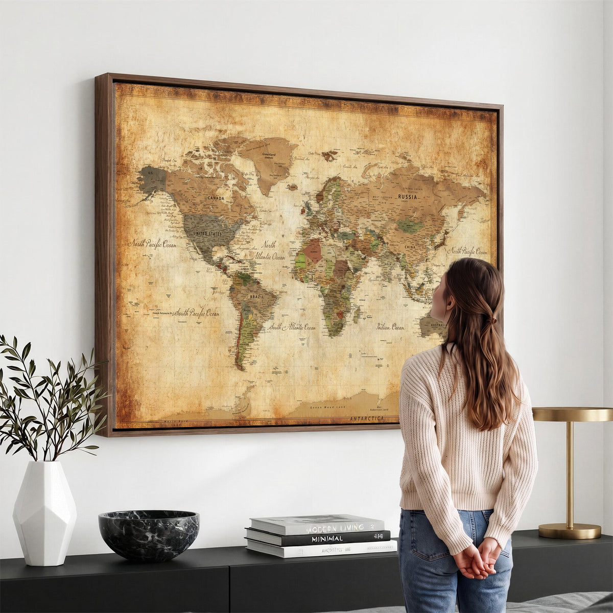 26621467D-MGV-CV-36X24 - Custom Push Pin World Map Wall Art Canvas Print – Personalized Travel Tracker with Pins Framed Large for Home and Office Decor