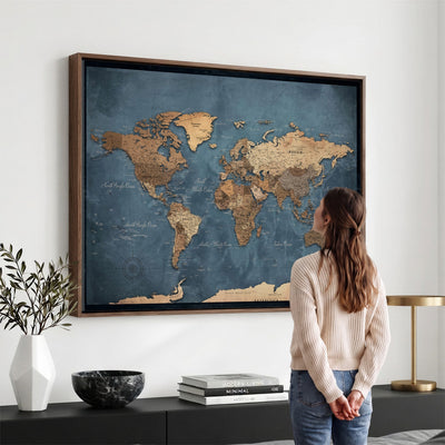 81949666D-MGV-CV-36X24 - Custom Push Pin World Map Wall Art Canvas Print – Personalized Travel Tracker with Pins Framed Large for Home and Office Decor