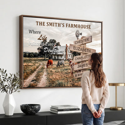 Personalized Farmhouse Family Signpost Canvas, Custom Name Wall Art