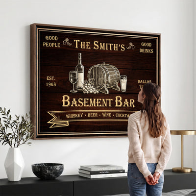 Custom Basement Bar Sign Canvas, Personalized Family Home Bar Wall Art