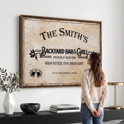 Custom Backyard Bar & Grill Sign, Personalized Family Name Arch Canvas