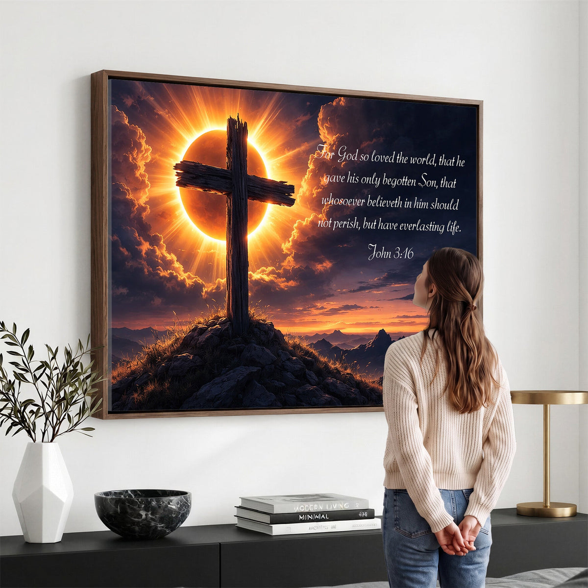PatioSign02JSS-MGV-CV-36X24 - Custom Bible Verse Cross Canvas, Personalized Christian Wall Art