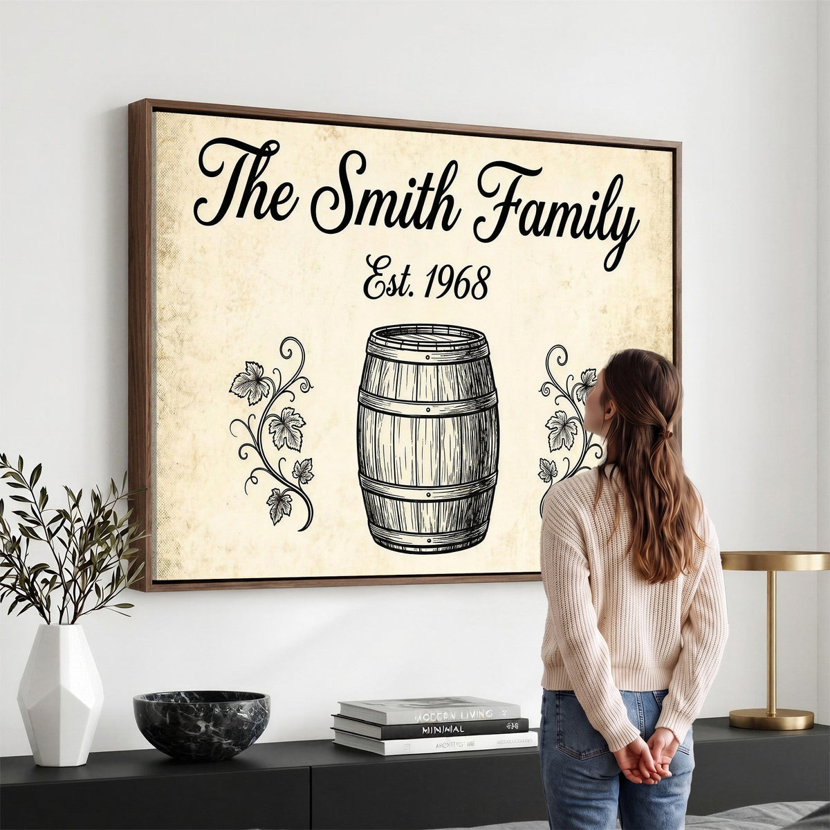 Family name sign with grapevine leaves and wine barrel sketch, canvas print