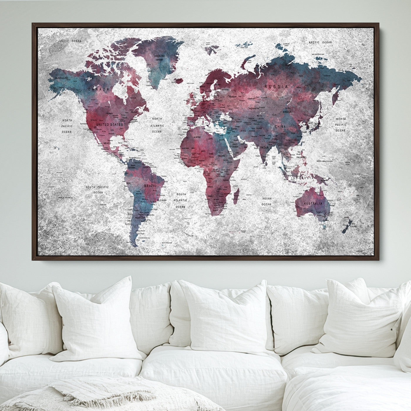 Push Pin World Map Canvas Print – Framed Wall Art for Couples to Track Their Travels – Anniversary Gift or Home Adventure Decor