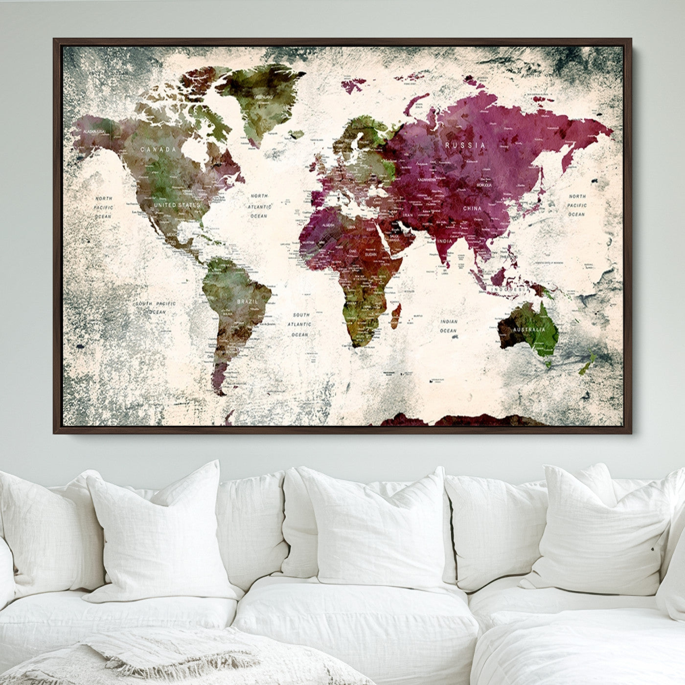 Push Pin World Map Canvas Print – Framed Wall Art for Couples to Track Their Travels – Anniversary Gift or Home Adventure Decor