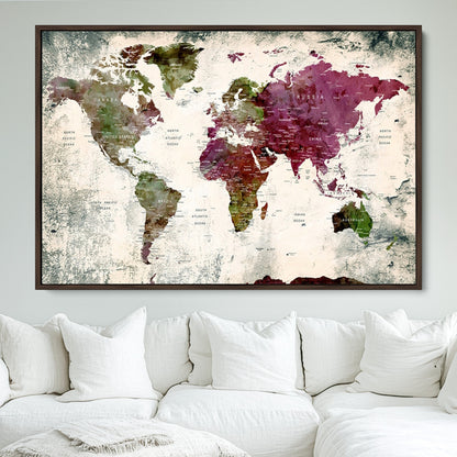 Push Pin World Map Canvas Print – Framed Wall Art for Couples to Track Their Travels – Anniversary Gift or Home Adventure Decor