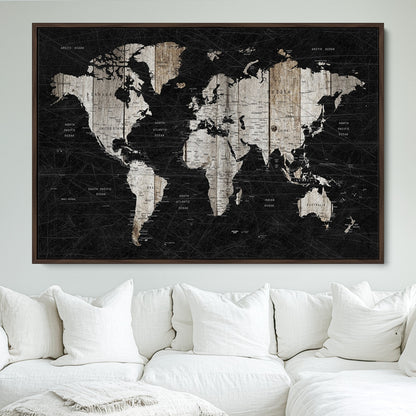 89998-MGV-FC-36X24_Walnut-Push Pin World Map Canvas Print – Framed Wall Art for Couples to Track Their Travels – Anniversary Gift or Home Adventure Decor