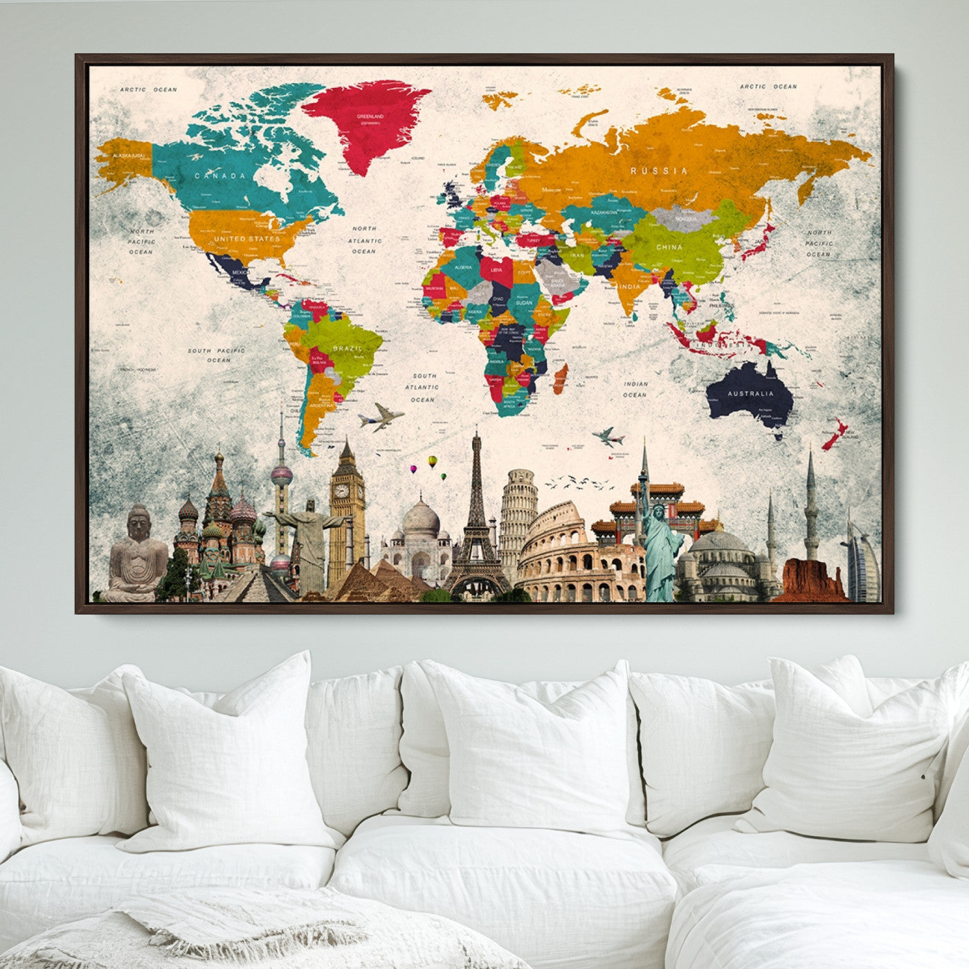 Push Pin World Map Canvas Print – Framed Wall Art for Couples to Track Their Travels – Anniversary Gift or Home Adventure Decor