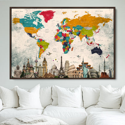 Push Pin World Map Canvas Print – Framed Wall Art for Couples to Track Their Travels – Anniversary Gift or Home Adventure Decor