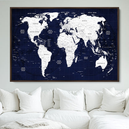 Push Pin World Map Canvas Print – Framed Wall Art for Couples to Track Their Travels – Anniversary Gift or Home Adventure Decor