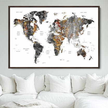 Push Pin World Map Canvas Print – Framed Wall Art for Couples to Track Their Travels – Anniversary Gift or Home Adventure Decor
