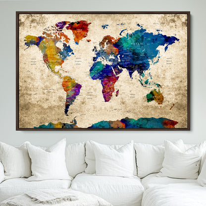 Push Pin World Map Canvas Print – Framed Wall Art for Couples to Track Their Travels – Anniversary Gift or Home Adventure Decor