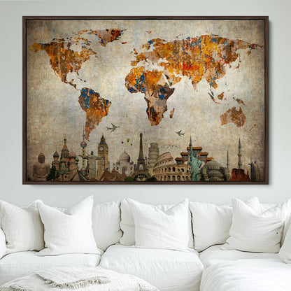 Push Pin World Map Canvas Print – Framed Wall Art for Couples to Track Their Travels – Anniversary Gift or Home Adventure Decor