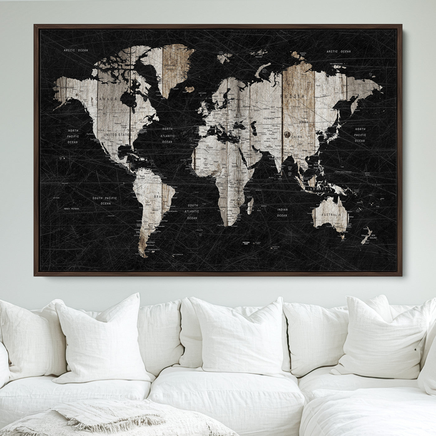 Push Pin World Map Canvas Print – Framed Wall Art for Couples to Track Their Travels – Anniversary Gift or Home Adventure Decor