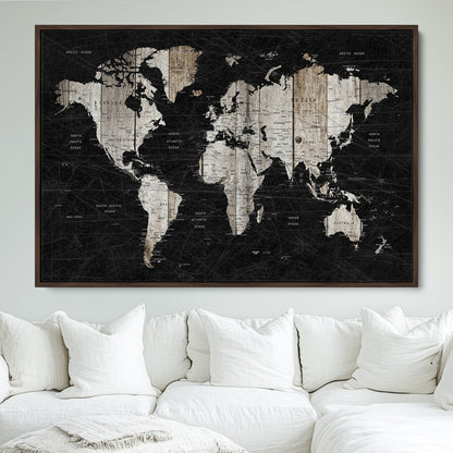 Push Pin World Map Canvas Print – Framed Wall Art for Couples to Track Their Travels – Anniversary Gift or Home Adventure Decor