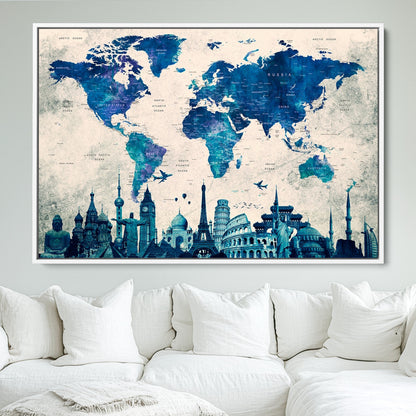 Navy Blue World Map Canvas Print, Wonder of World Map Push Pin Canvas Print
