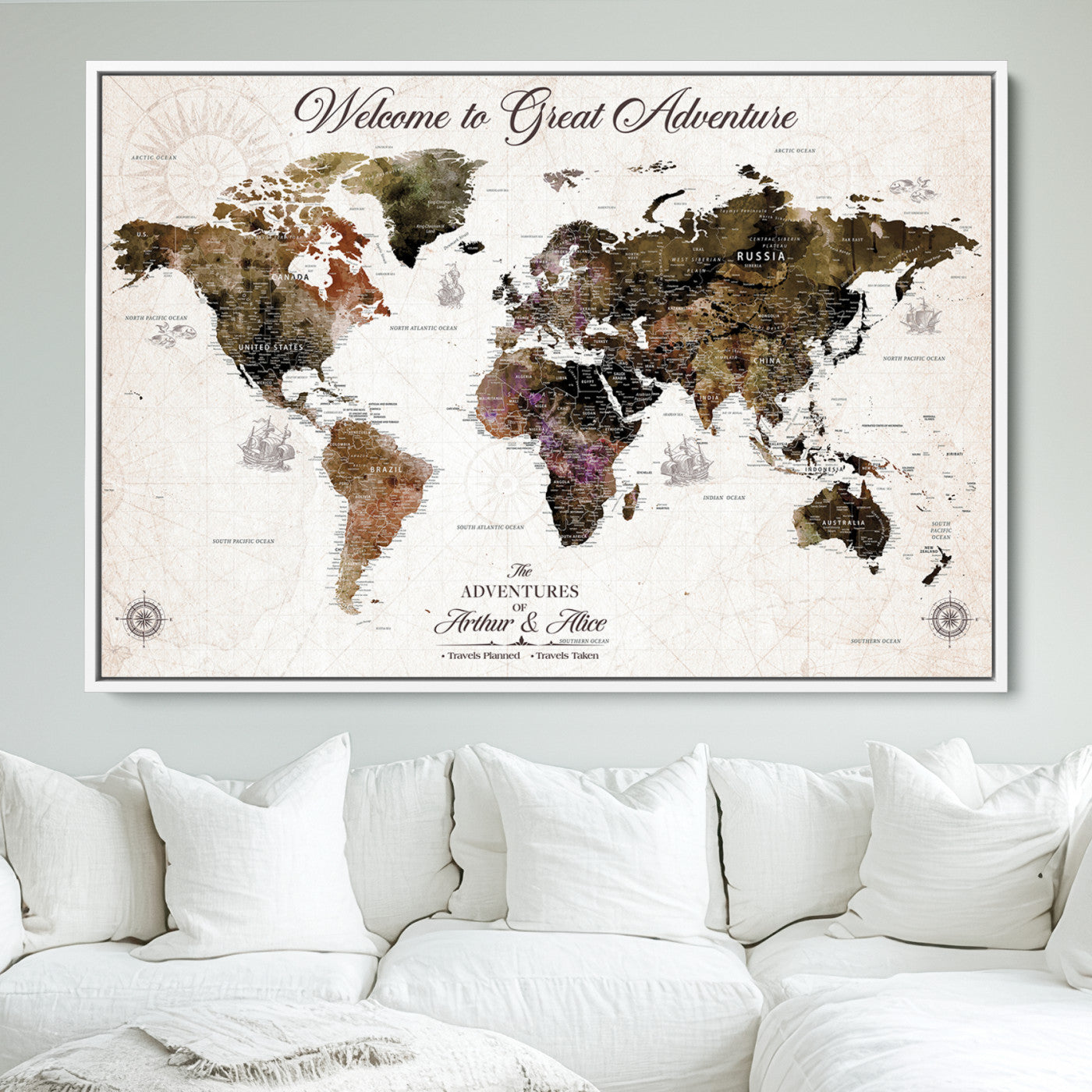 35778202-MGV-FC-36X24_White-Custom Push Pin World Map Wall Canvas Print – Personalized Travel Map with Pins – Framed Large Canvas for Home Office Decor