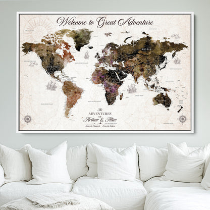 35778202-MGV-FC-36X24_White-Custom Push Pin World Map Wall Canvas Print – Personalized Travel Map with Pins – Framed Large Canvas for Home Office Decor