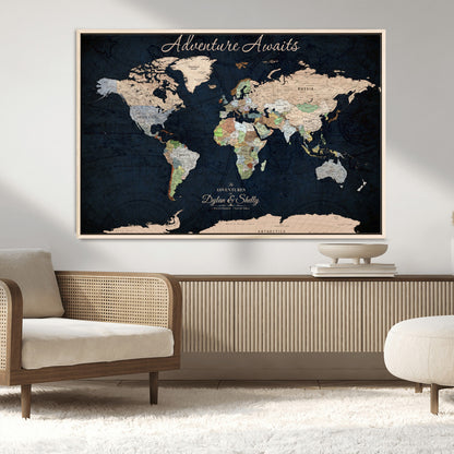 43186793-MGV-CV-30X20-Personalized World Map Print, Customizable Push Pin Framed World Map Print on Canvas - Custom Quote on Map Print