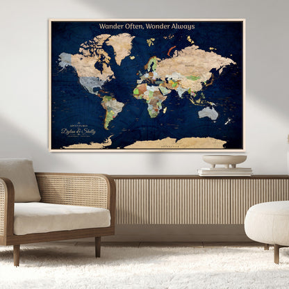 12399561-MGV-CV-30X20-Personalized World Map Print, Customizable Push Pin Framed World Map Print on Canvas - Custom Quote on Map Print