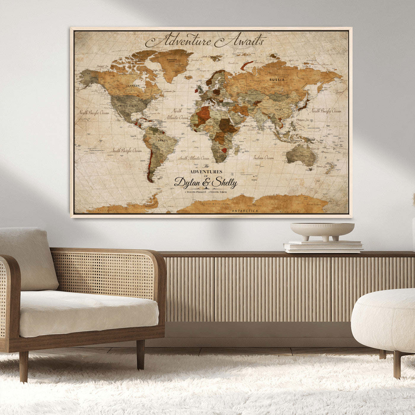 20810820-MGV-FC-30X20_Natural-Personalized World Map Print, Customizable Push Pin Framed World Map Print on Canvas - Custom Quote on Map Print
