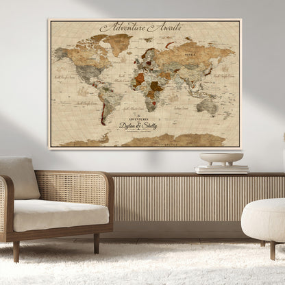 29054239-MGV-CV-36X24-Personalized World Map Print - Customizable Push Pin Framed World Map Print on Canvas - Custom Quote on Map Print