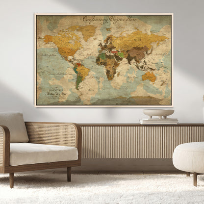 75523223-MGV-CV-36X24-Custom Push Pin World Map Wall Canvas Print – Personalized Travel Tracker with Pins – Framed Custom Quotie Canvas for Home Office