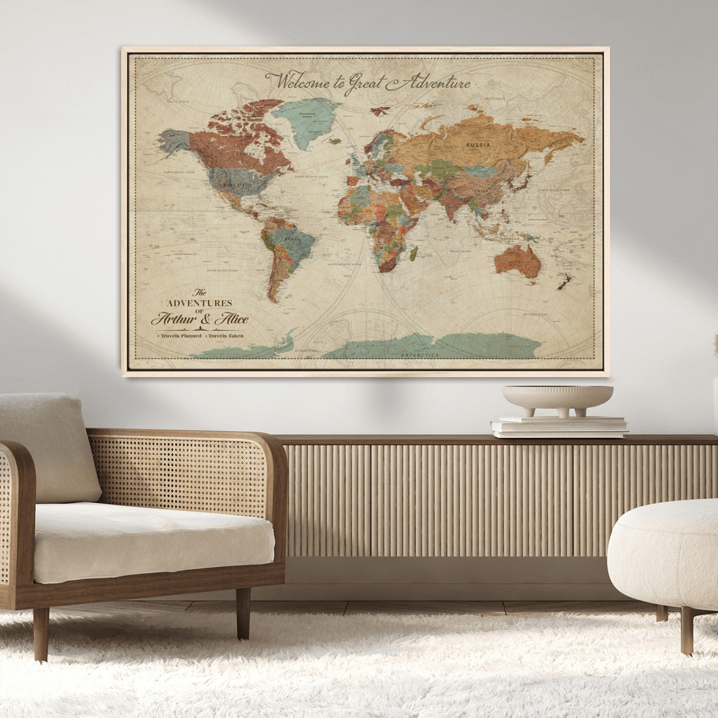 54152425-MGV-CV-36X24-Custom Push Pin World Map Wall Canvas Print – Personalized Travel Tracker with Pins – Framed Custom Map Quotie Canvas for Home Office Decor