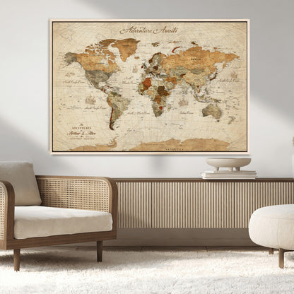 64295326-MGV-CV-30X20-Custom Push Pin World Map Wall Canvas Print – Personalized Travel Tracker with Pins – Framed Custom Quotie Canvas for Home Office Decor