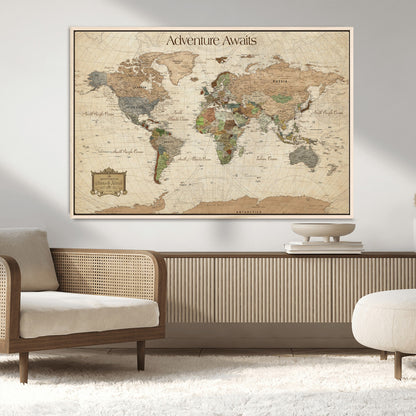 33020399-MGV-CV-30X20-Custom Push Pin World Map Wall Canvas Print – Personalized Travel Tracker with Pins – Framed Custom Quotie Canvas for Home Office Decor