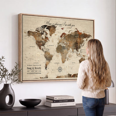 Large Custom Framed Beige Vintage World Travel Map Wall Art with Pins, Couples Countries Visited Map, Living Room and Hallway Decor