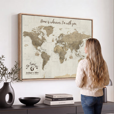 Custom Beige Geometric World Map Canvas with Push Pins, Honeymoon and Anniversary Gift, Dining Room and Hallway Decor