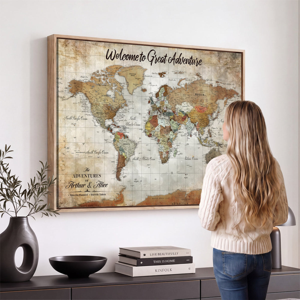 Personalized Beige Push Pin World Map Wall Art, Bucket List Map, Living Room and Family Room Decor