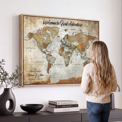 Personalized Beige Push Pin World Map Wall Art, Bucket List Map, Living Room and Family Room Decor