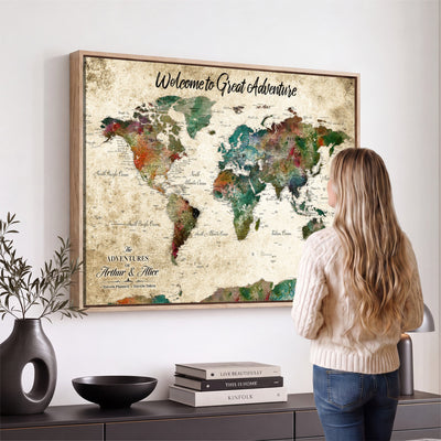 Personalized Beige Grunge World Map Canvas with Push Pins, Next Trip Planner Map, Family Room and Home Office Decor