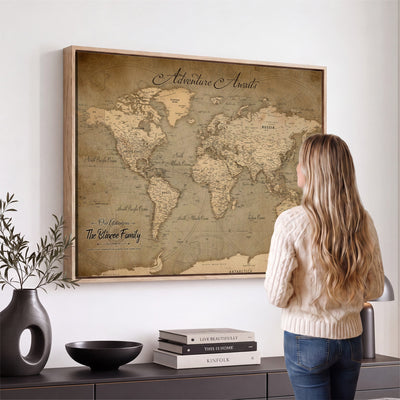 Personalized Framed Beige World Travel Map Wall Art with Pins, Family Travel Tracker, Family Room and Entryway Decor