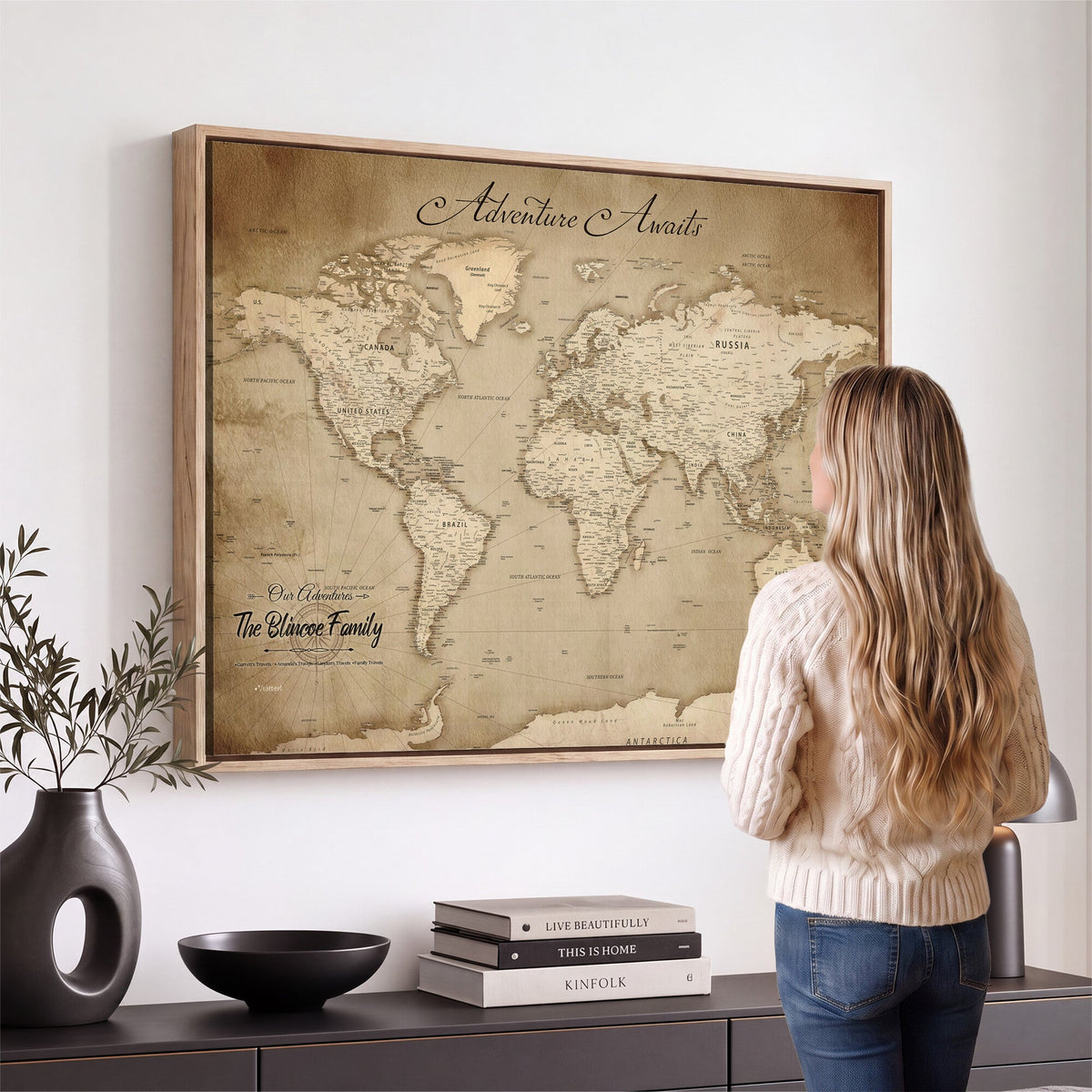Personalized Black Modern Push Pin World Map Wall Art, Places Visited Tracker, Family Room and Bedroom Decor