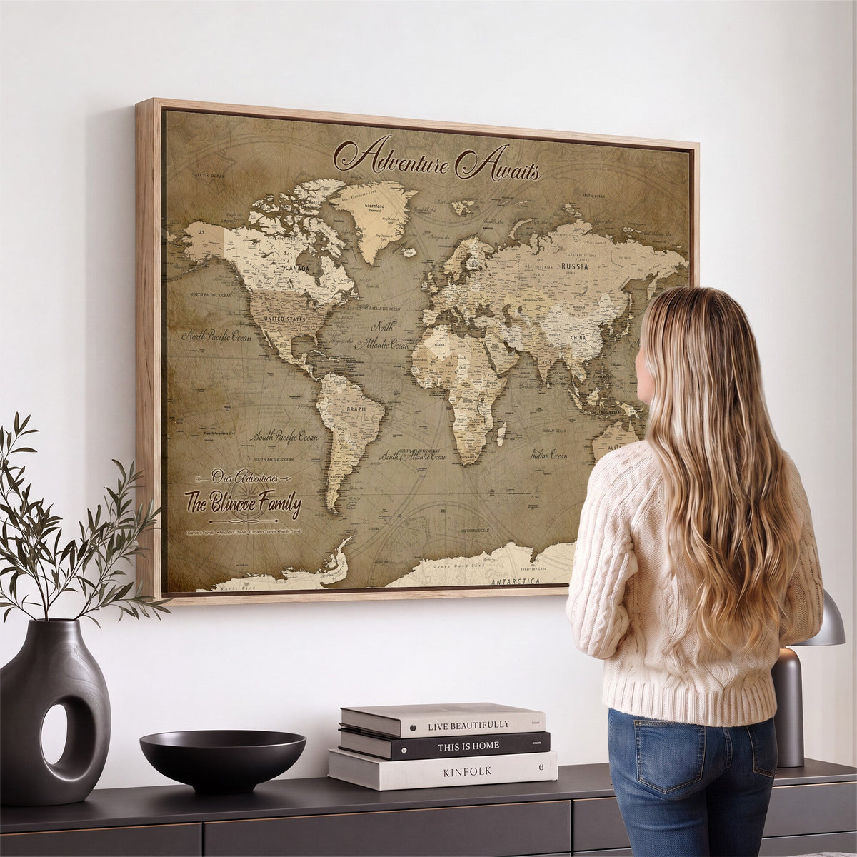Custom Beige Modern Push Pin World Map Canvas Print, Family Travel Tracker, Dining Room and Home Office Decor