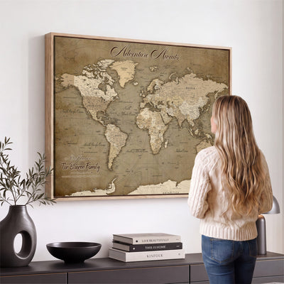 Custom Beige Modern Push Pin World Map Canvas Print, Family Travel Tracker, Dining Room and Home Office Decor
